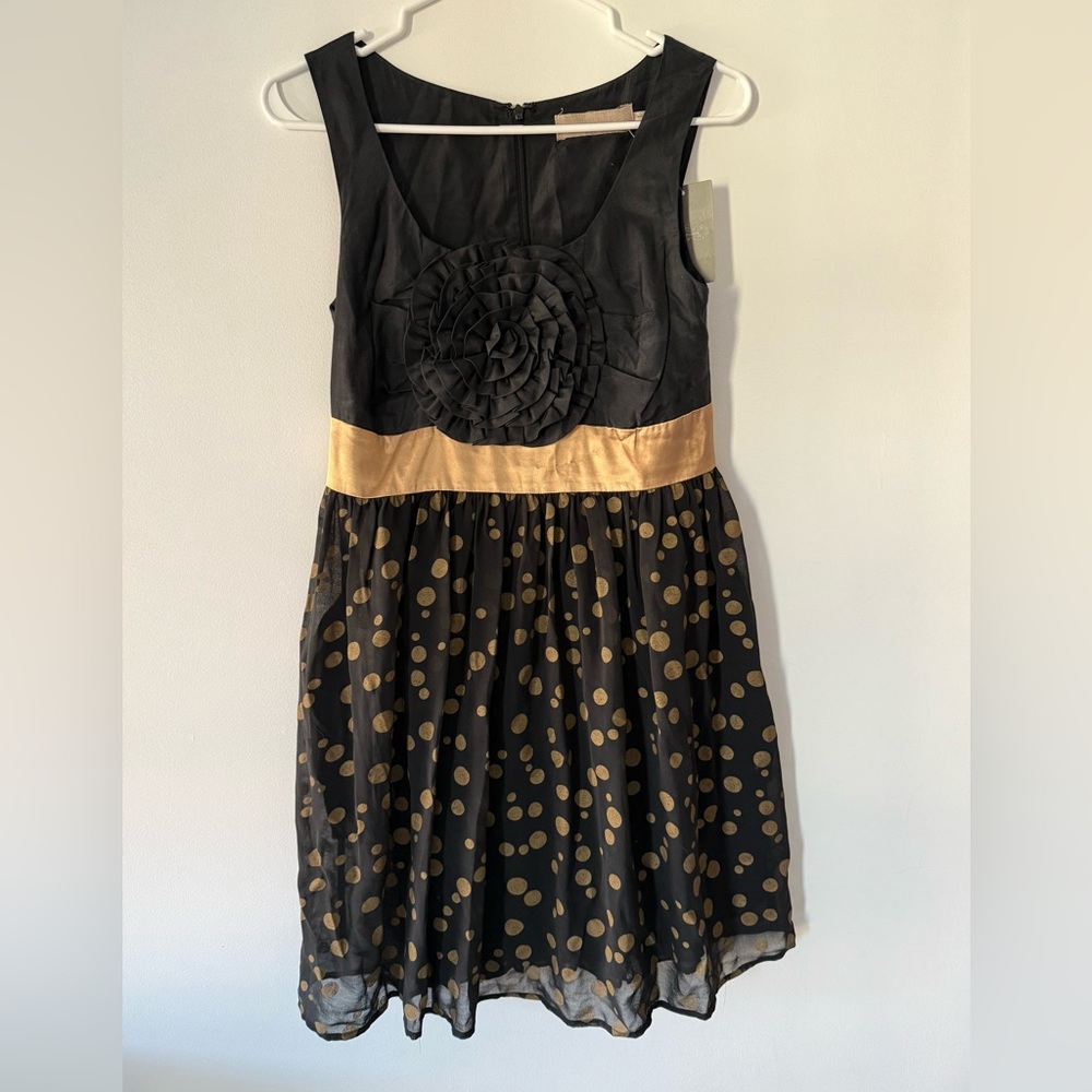 Anthropologie Burlapp Black Silk Metallic Gold Polka Dot Dress